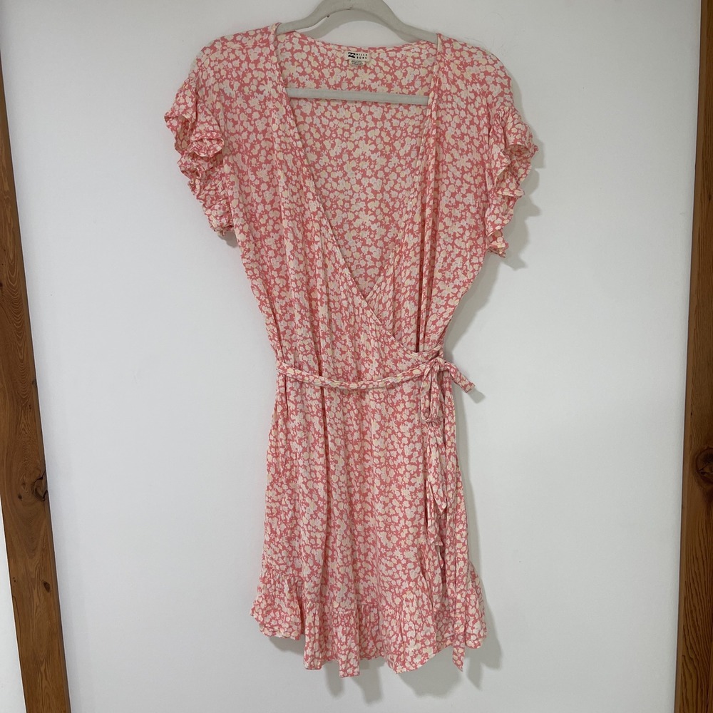 Billabong Floral Wrap Mini Dress Womens Large Pink Ruffle Sleeve |‎ Cottagecore
